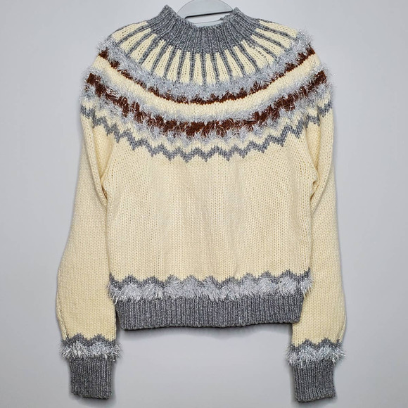 LOU & GREY • Irish Cream Festive Metallic Accent Fair Isle Mockneck Sweater Sz M - Picture 2 of 9